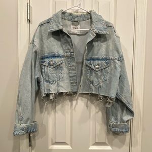 Zara distressed light wash cropped oversized Jean jacket